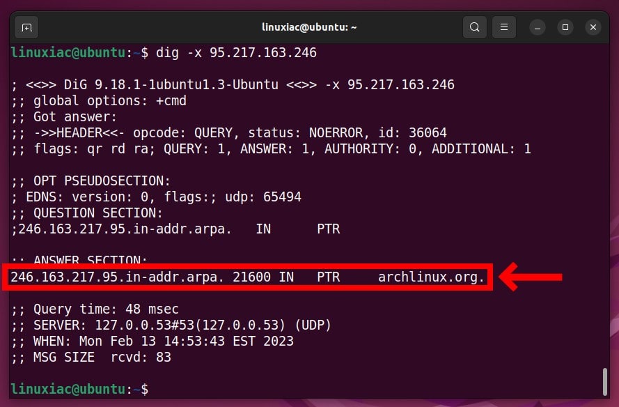 Reverse DNS lookup with dig.