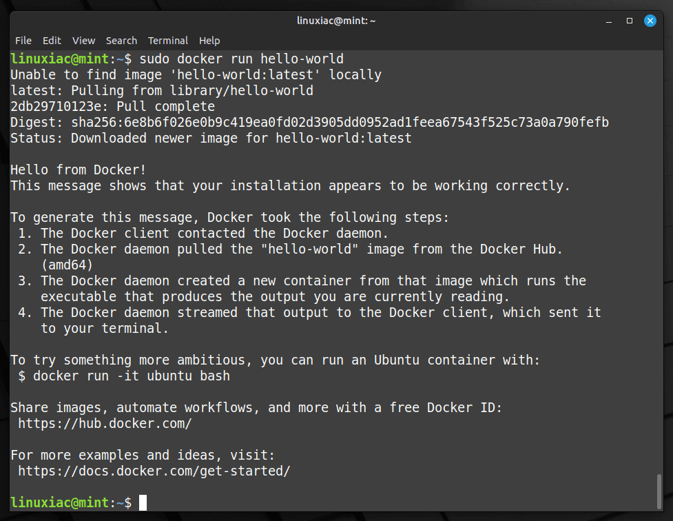 Docker successfully installed, up & running on Linux Mint 21.