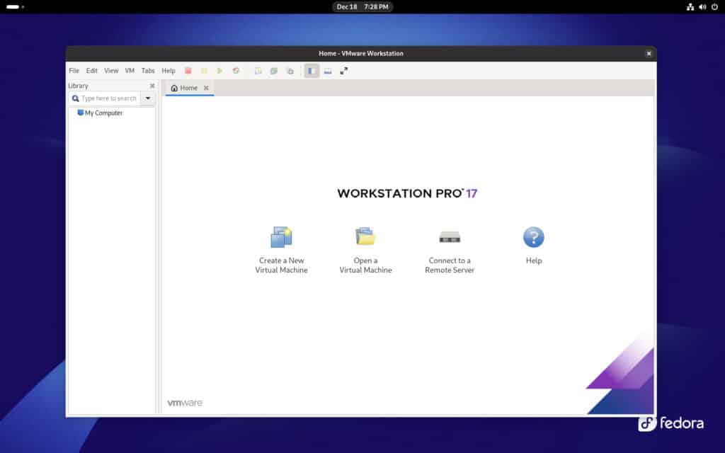 VMware Workstation Pro is successfully installed and running on Fedora Linux.
