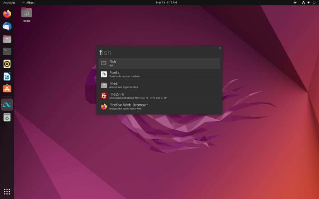 Albert app launcher running on Ubuntu.