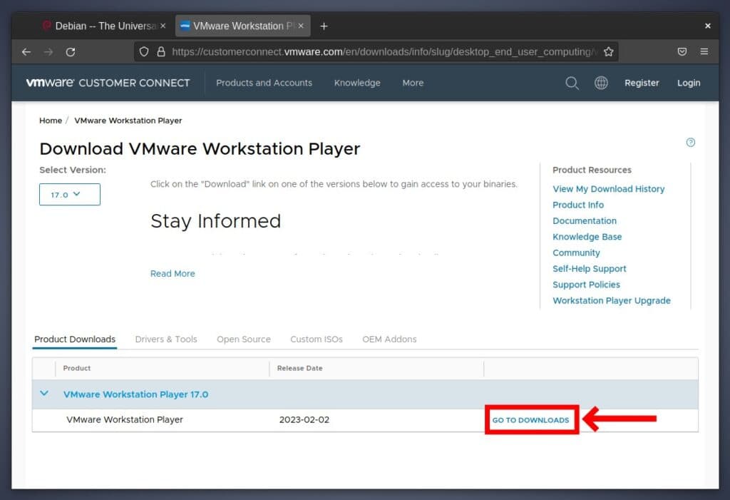 Download VMware Workstation Player for Linux.