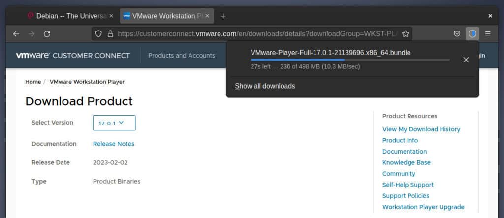 Download VMware Workstation Player for Linux.