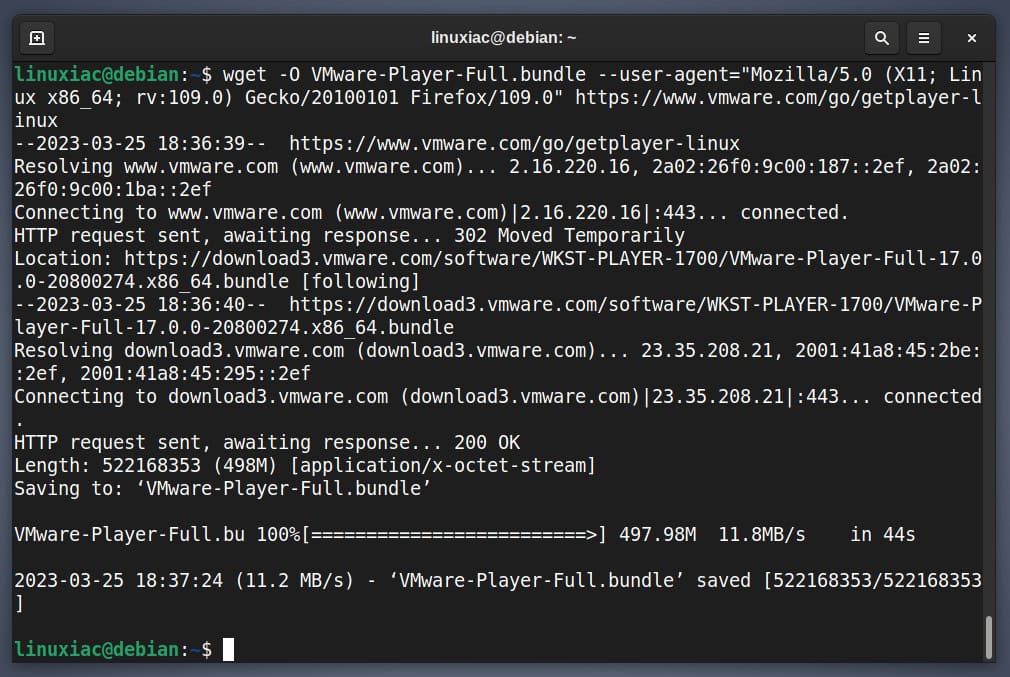 Download VMware Workstation Player for Linux via the terminal using the wget command.