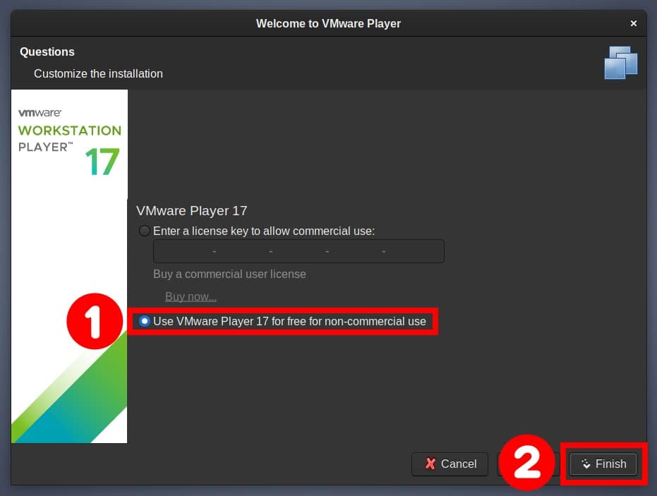 Choose the VMWare Player license type.