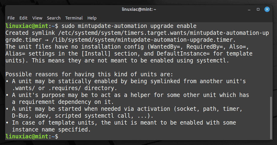 Setting up automatic updates on Linux Mint using the command line.