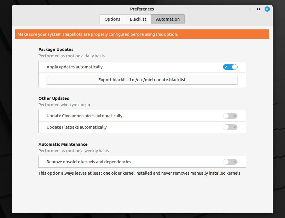 Setting up Linux Mint 21 automatic updates.