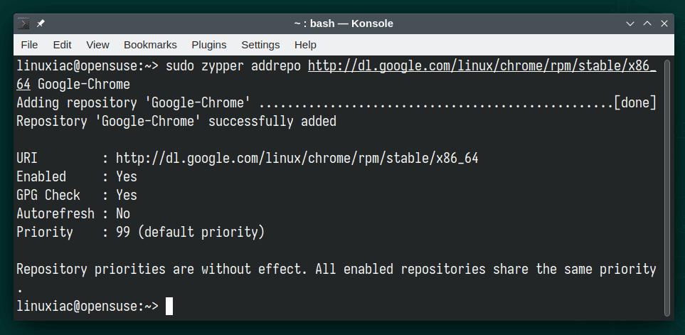 Add Google’s Chrome repository to the openSUSE system.