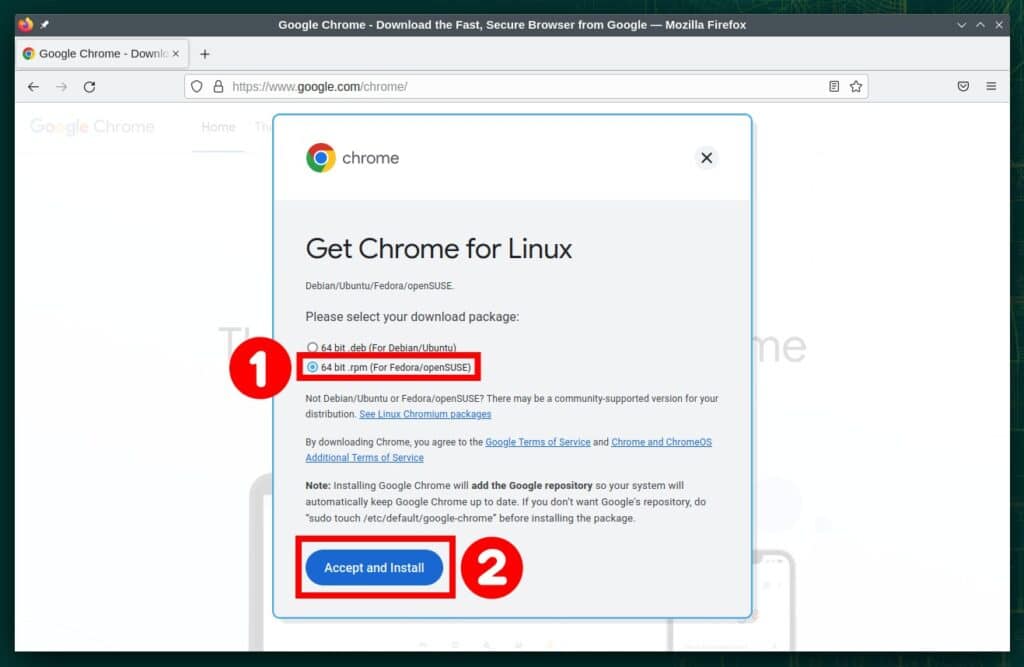 Download the Google Chrome Linux installation package.