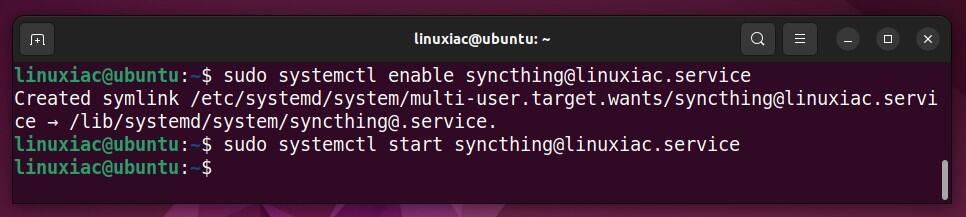 Setting the Syncthing service to start automatically on our Ubuntu system.