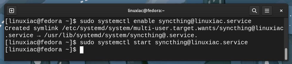 Setting the Syncthing service to start automatically on our Fedora system.