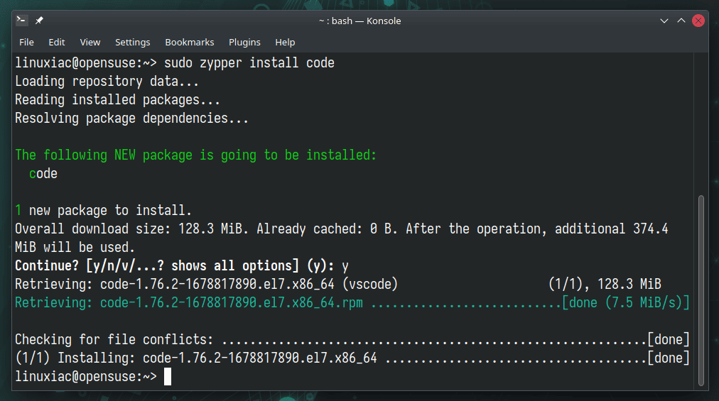 Installing VS Code on openSUSE Linux.