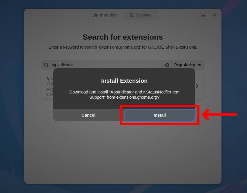 Installing the AppIndicator GNOME extension.