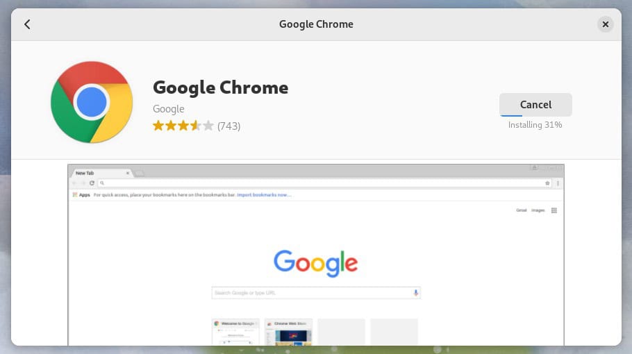 Installing Google Chrome on Fedora via the Software app.