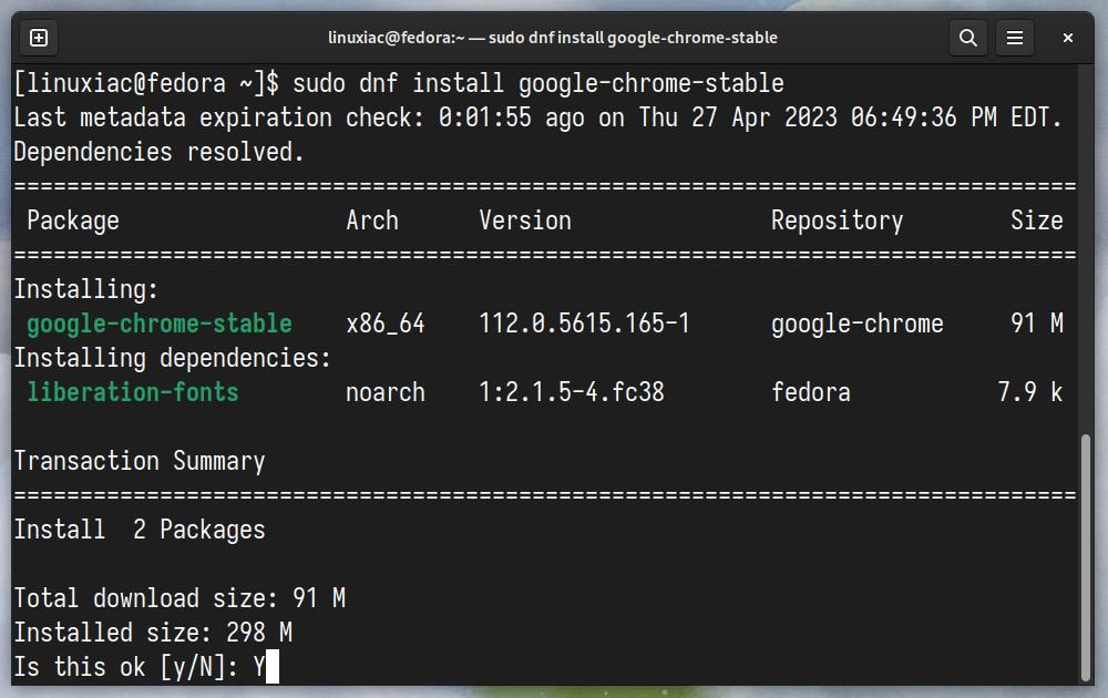 Installing Google Chrome on Fedora using the command line.