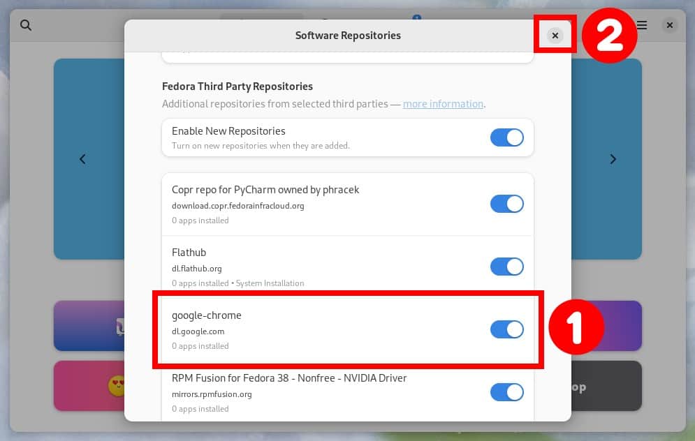 Enable Fedora’s third-party Google Chrome repository.