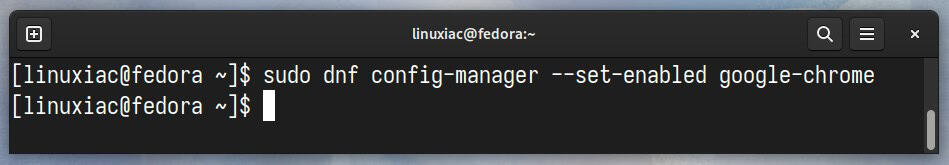 Enable Fedora’s third-party Google Chrome repository using the command line.