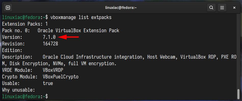 Verify the installed VirtualBox Extension Pack version.