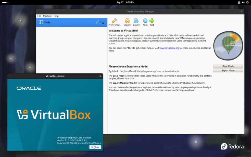 VirtualBox 7.1 is running on Fedora 40.