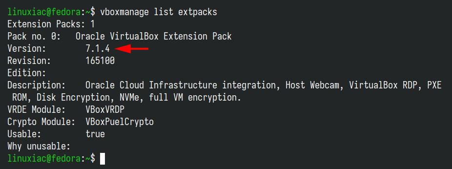 Verify the installed VirtualBox Extension Pack version.