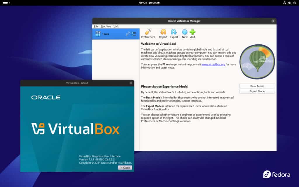 VirtualBox 7.1 is running on Fedora 41.