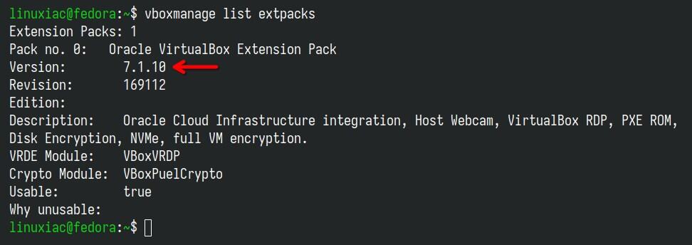 Verify the installed VirtualBox Extension Pack version.