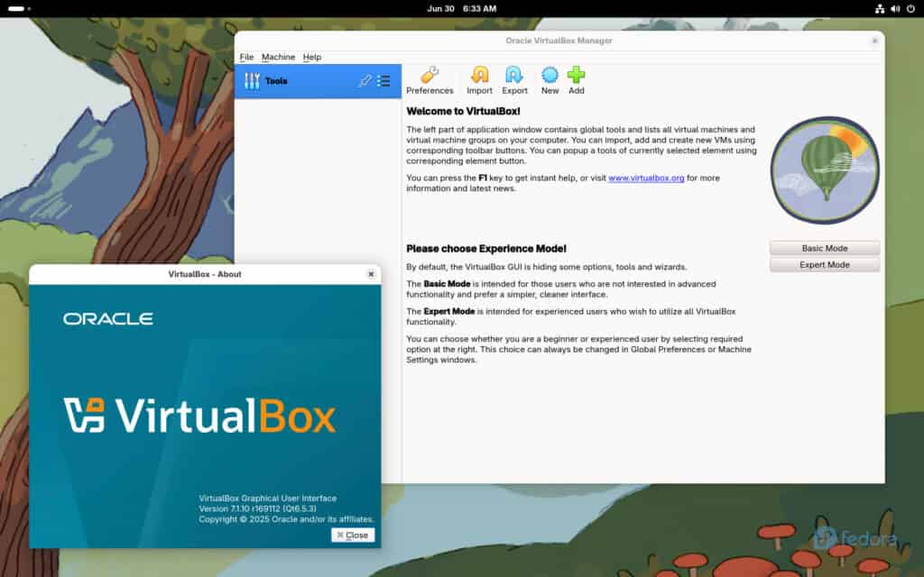 VirtualBox 7.1 is running on Fedora 42.