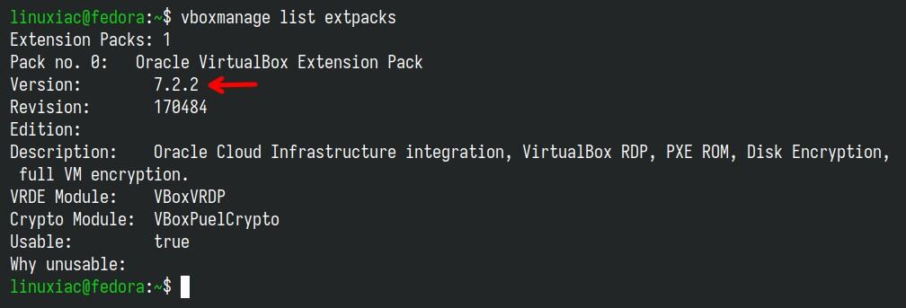 Verify the installed VirtualBox Extension Pack version.