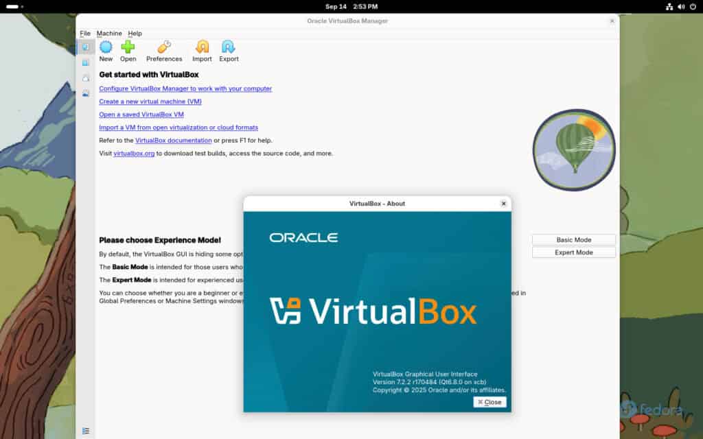VirtualBox 7.2 is running on Fedora 42.