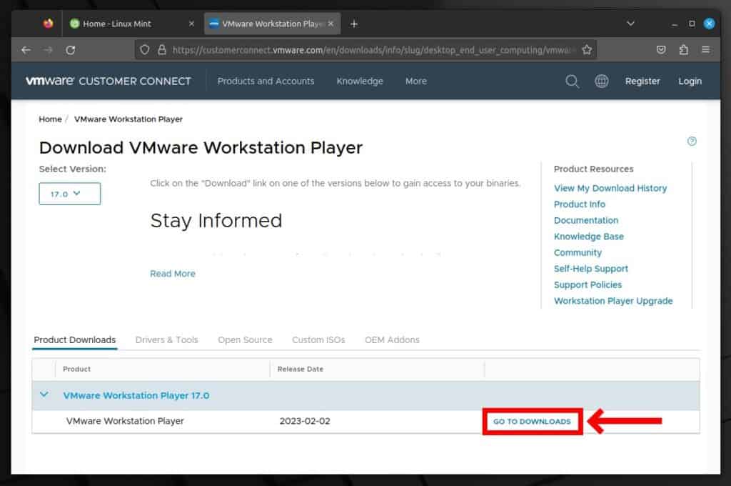 Download VMware Workstation Player for Linux.