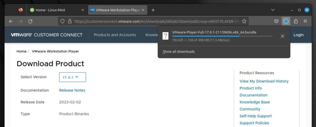 Download VMware Workstation Player for Linux.