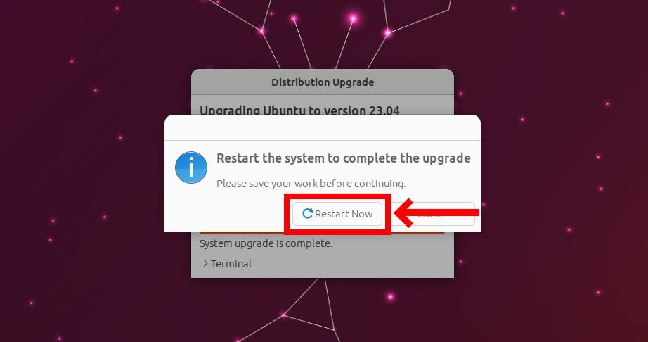 Restart to complete the upgrade to Ubuntu 23.04.