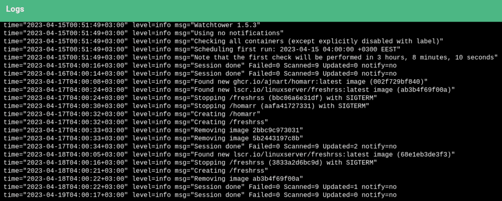 Watchtower container logs.