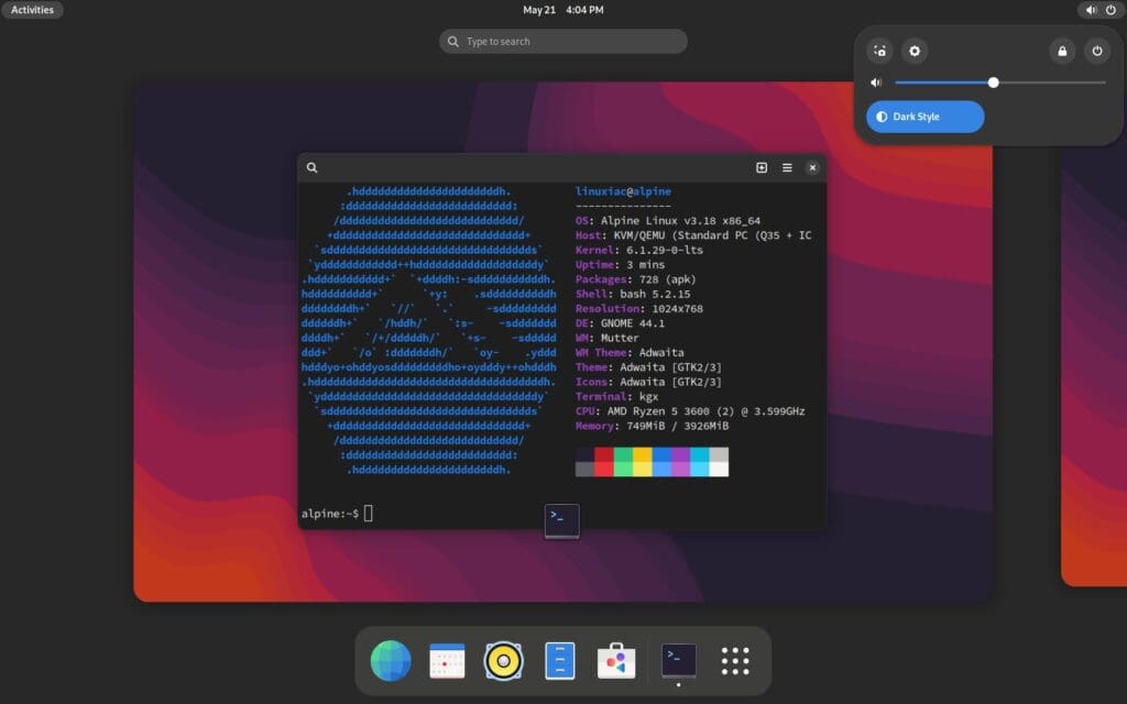 Alpine Linux with GNOME desktop.