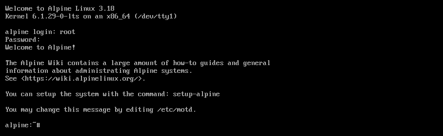 Alpine Linux has been installed successfully.