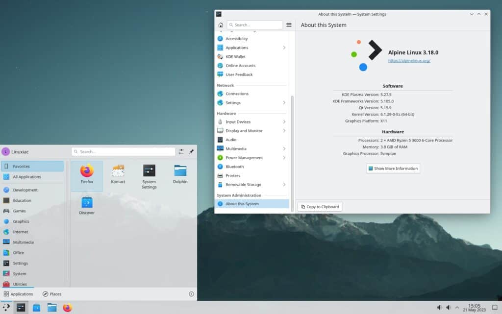 Alpine Linux with KDE Plasma desktop.