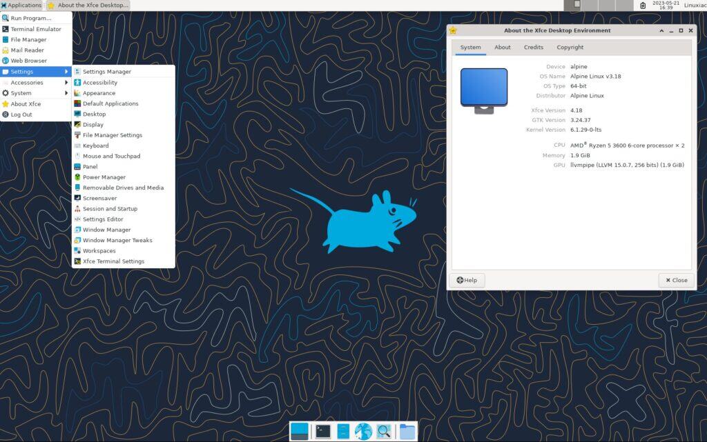 Xfce desktop environment running on Alpine Linux.