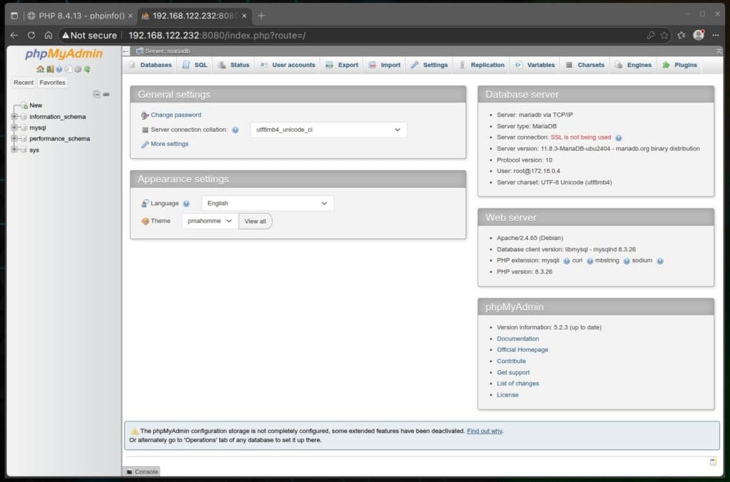 phpMyAdmin is running as a container in the LAMP stack.