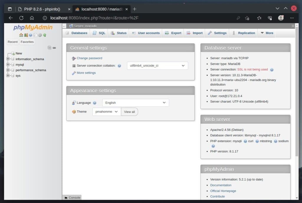 phpMyAdmin running as a container in the LAMP stack.