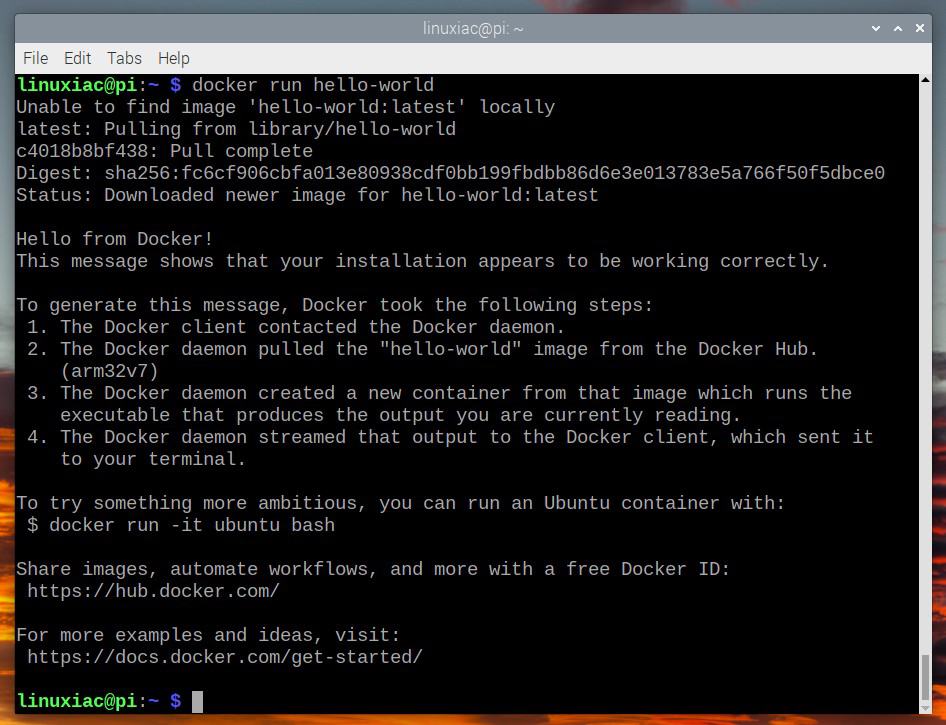 Docker successfully installed, up & running on raspberry Pi OS.