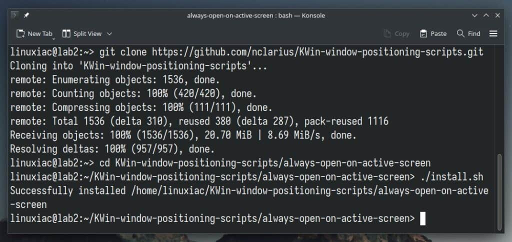 Installing the “Always Open on Active Screen” KWin script.