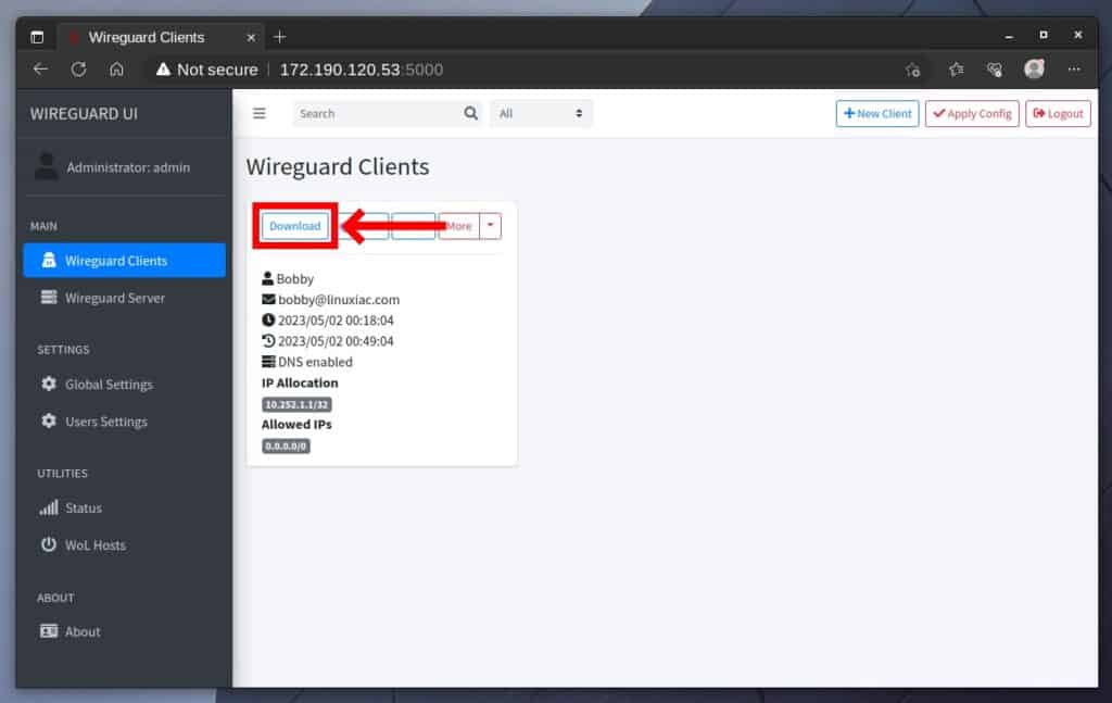 Download the client's WireGuard config file.