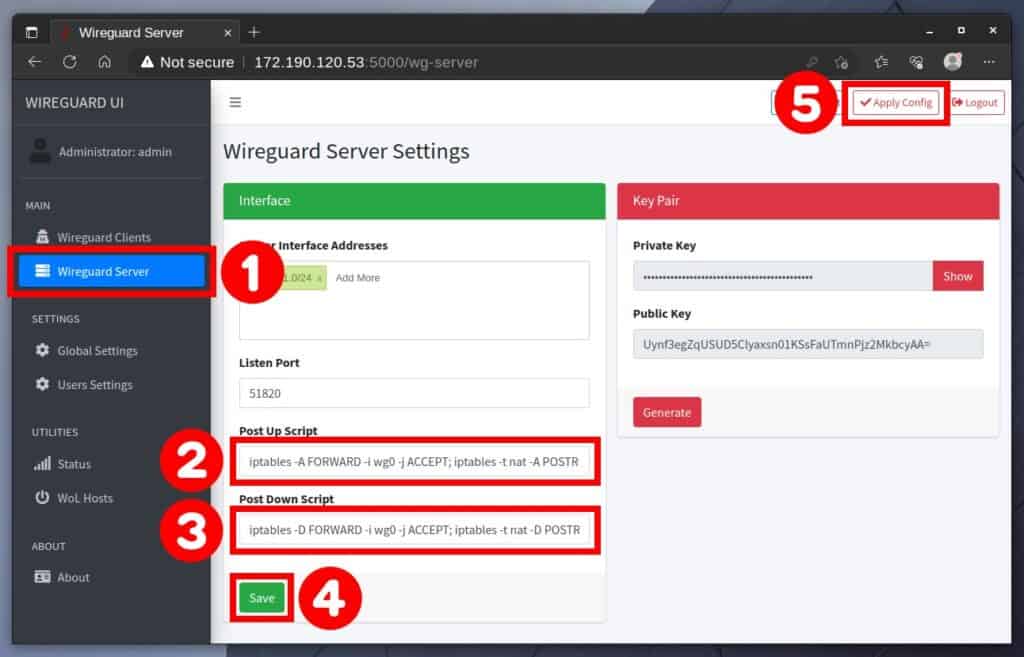 Configure the WireGuard VPN Server via WireGuard-UI.