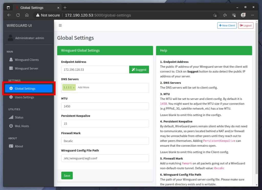 Set the WireGuard VPN Server global settings.