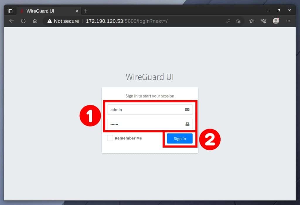 WireGuard-UI login page.