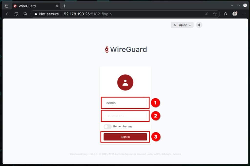 Logging in to the wg-easy web UI.