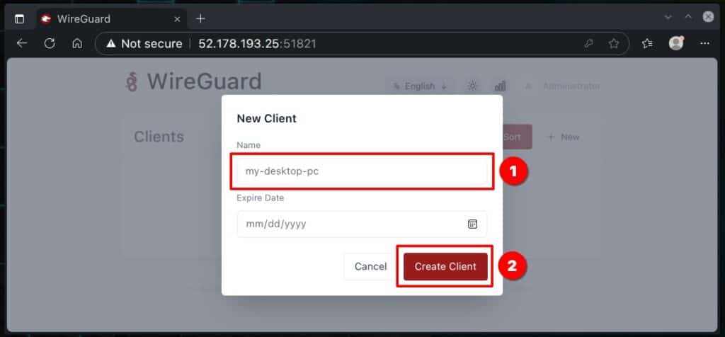 Create a WireGuard client configuration.