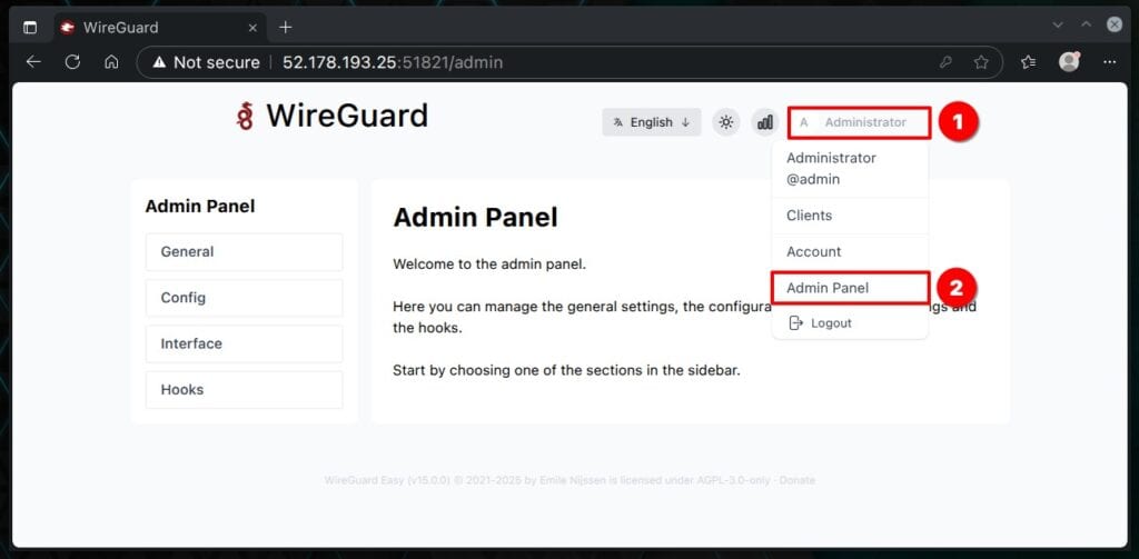 WireGuard configuration admin panel.