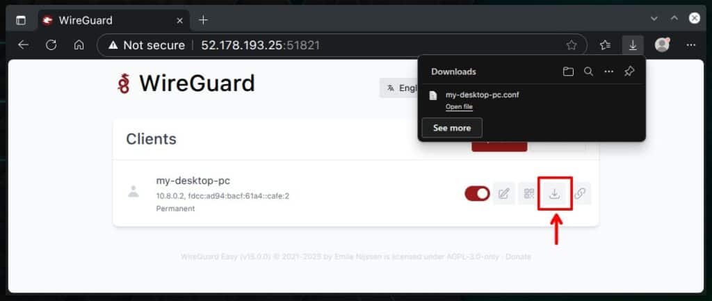 Download the client configuration for WireGuard.