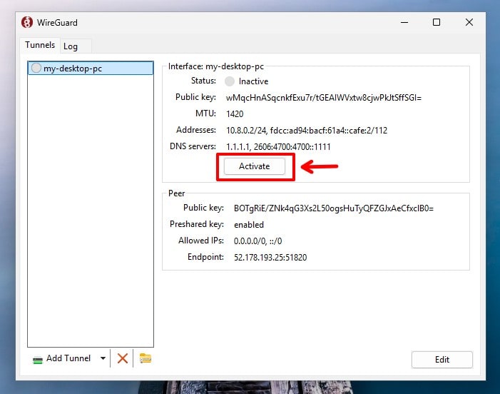 Activate WIreGuard connection on Windows.