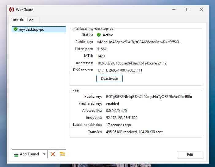 WireGuard successfully connected on Windows.